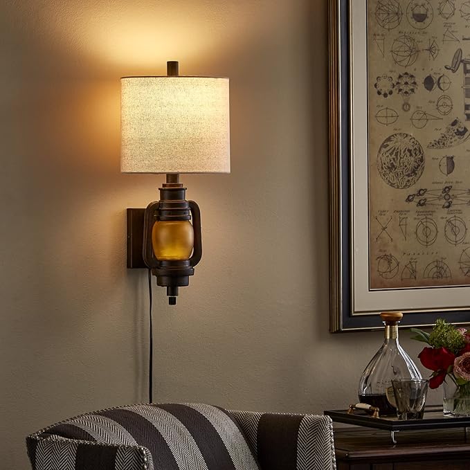 Wall Mount Lamp, Vintage Wall Lights with Plug in Cord - Dark Bronze Finish, Wall Sconce with Linen Fabric Shade and LED Nightlight for Living Room, Bedroom, Hallway and Home Office (Bulb Included)