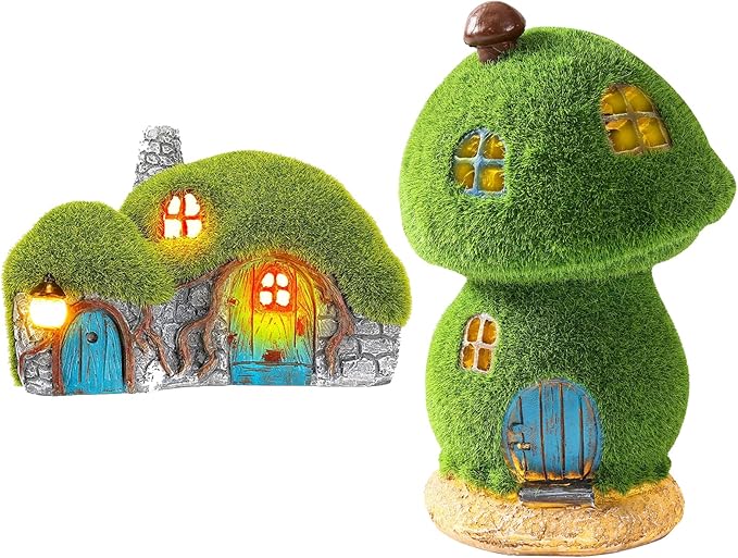 Outdoor Figurine Lights Garden House Statue and Mushroom Fairy House Decor Outdoor Statues with Solar Lights Garden for Patio Lawn Yard Ornaments, Housewarming Gift