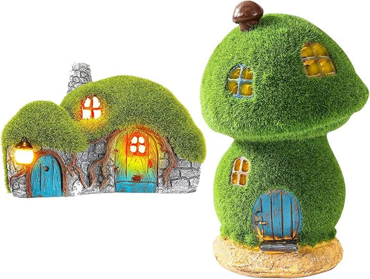 Outdoor Figurine Lights Garden House Statue and Mushroom Fairy House Decor Outdoor Statues with Solar Lights Garden for Patio Lawn Yard Ornaments, Housewarming Gift