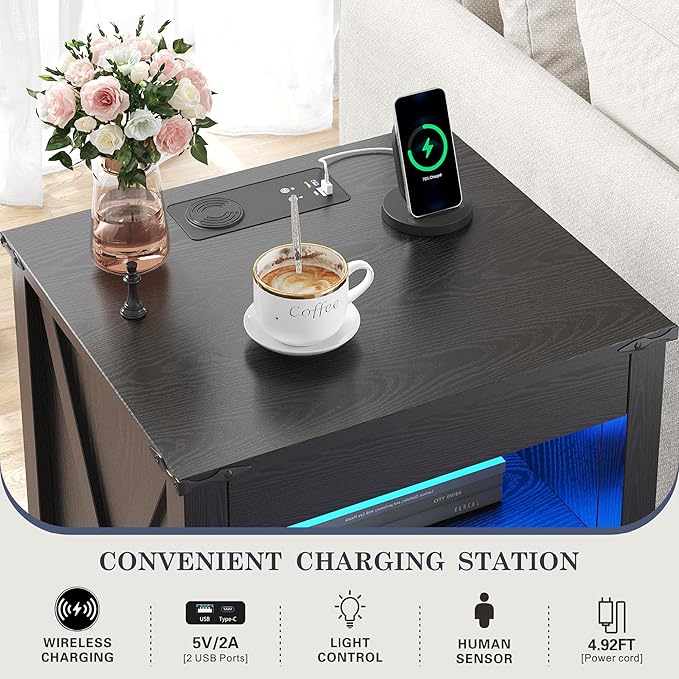 Night Stand Set 2 with Gun Drawer, Farmhouse Bedside Table with Charging Station, Gun Nightstand with LED Light & Human Sensor, Smart End Table for Bedroom, Black