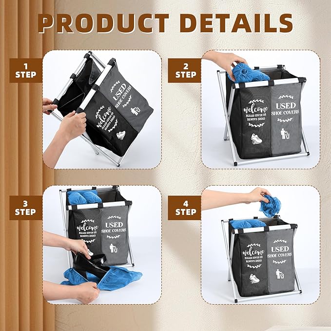 Foldable Disposable Shoe Cover Box Dispenser Fabric Storage Bin Holder with Used Shoe Covers and Welcome Please or Remove Sign for Open House Supplies(Black, Gray)