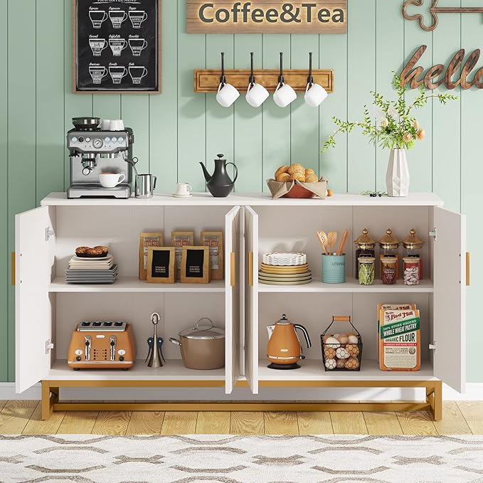 Tribesigns White Gold Storage Cabinet with Door and Adjustable Shelves for Living Room, Modern Floor Cabinets Long Sideboard Buffet Golden Coffee Bar with 4 Doors Metal Frame for Home Office Kitchen