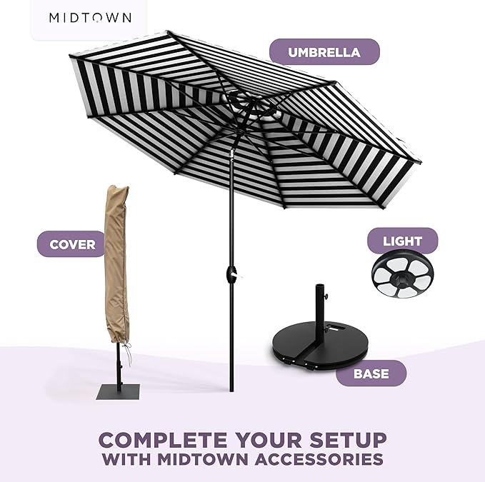 Midtown Umbrellas - The Lean 8 Ft Patio Umbrella with Fade-Resistant Sunbrella Fabric, Auto-Tilt Aluminum Frame and 8 Reinforced Ribs for Deck, Pool & Garden - Black & White Canopy, Black Pole