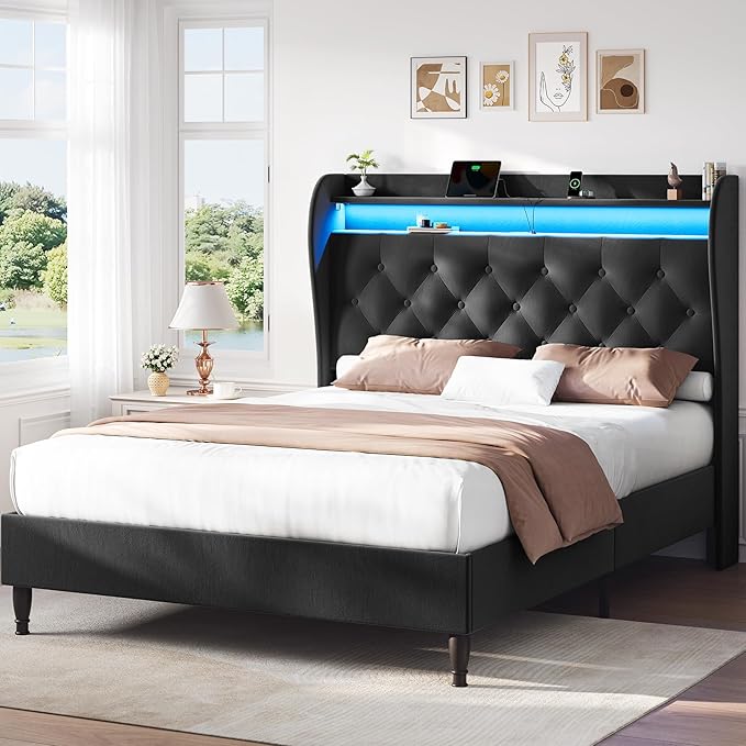 Queen Bed Frame with Tall Headboard, Velvet Upholstered Platform Bed with LED Lights & Charging Station, 52.7"-55" Adjustable/Modern Tufted Wingback Storage Headboard, No Box Spring Needed, Black