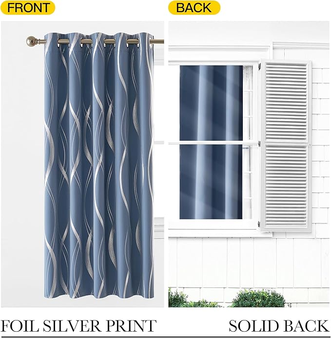 NICETOWN Stone Blue Blackout Floral Curtains 54 inch Length for Boys, Wave Line Foil Print Design Drapes for Kitchen and Nursery, W66 x L54, 2 Panels