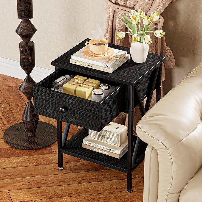 VECELO Nightstand,Modern Bedside End Table, Night Stand with Drawer and Storage Shelf for Living Room Bedroom, Industrial Metal Frame