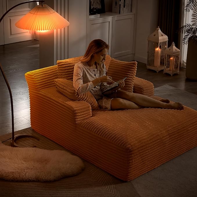 KEIKI 66" Oversized Chaise Lounge Chair, No Assembly Boneless Sleeper Style Lounger for Living Room, Plush Corduroy Upholstery, Deep Seat for Relaxing, Reading, Napping & Daily Home Comfort