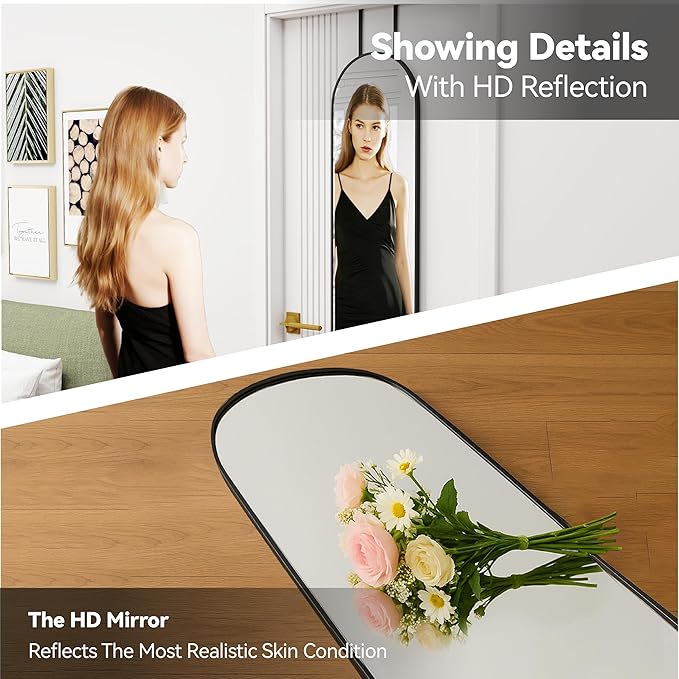 57x16 Door Hanging Full Length Mirror, Floor Stand (Height 5.7ft just Body in1.3ft) / Wall Mounted Metal Frame Arch Dressing Mirrors for Bedroom Living Room 57 inch Black