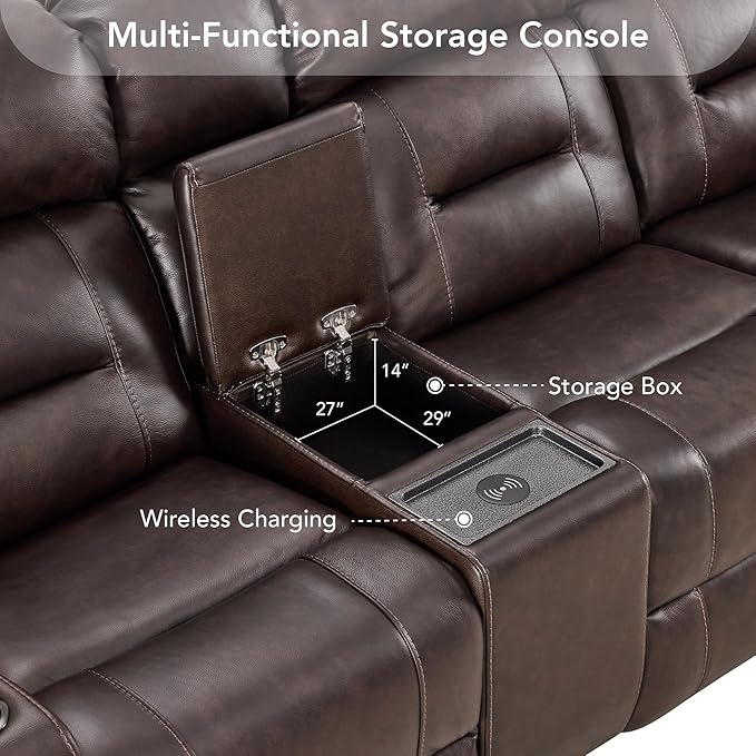 Watson & Whitely Genuine Leather Power Loveseat Recliner Sofa, Lay Flat Reclining Sofa with Console, Power Headrest, Cup Holders & Wireless Charging, Dual Recliner for Living Room, Dark Brown