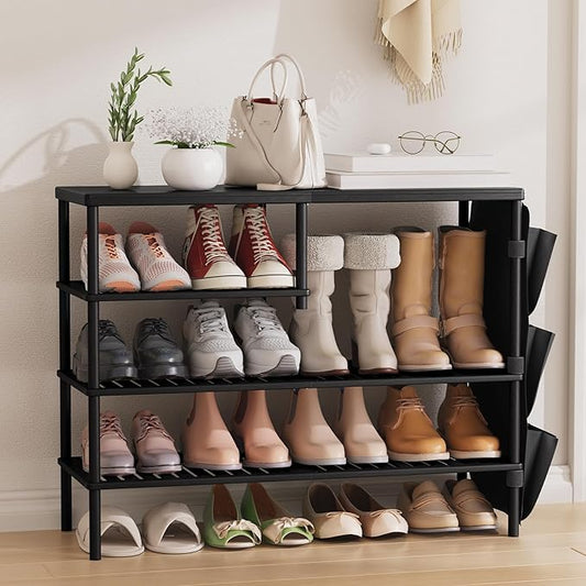 Bamboo Shoe Rack, 4 Tiers Shoe Organizer for Closet, Shoes Storage for 20-24 Pairs, Freestanding Shoe Shelf with Removable Pocket for Entryway Bedroom Front Door Dorm, Black