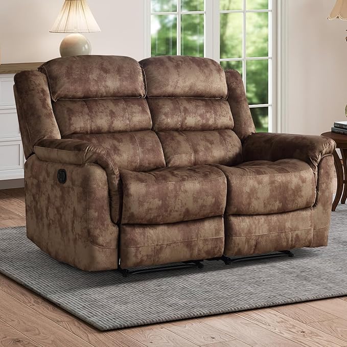 EBELLO Loveseat Recliner Sofa for Living Room, Extra Wide Modern Overstuffed 2 Seat Reclining Sofa Chair, Breathable Fabric Dual Manual Recliner, Brown