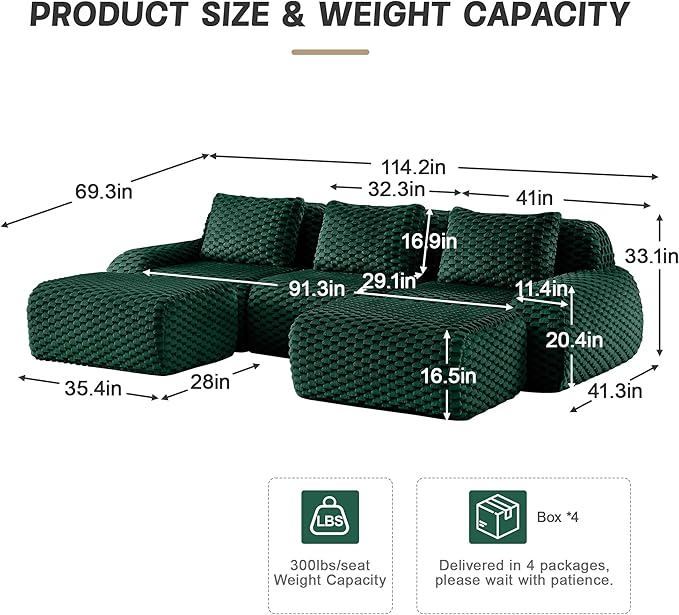KEIKI 114" Oversized 3-Seater Boneless Couches for Living Room, Compact Modular Sectional Velvet Sofa U-Shaped, Deep Seat Cozy Foam No Assembly Couch for Small Space, Modern Comfort Design, Green