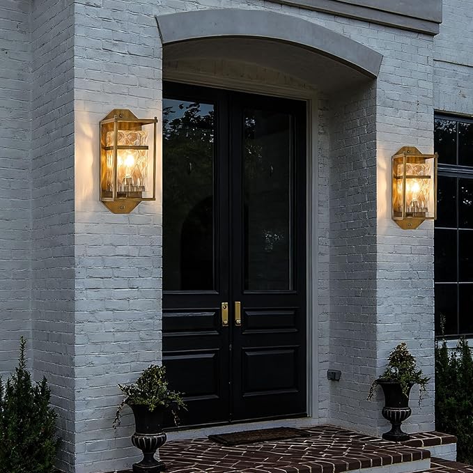 Vintage Gold Outdoor Wall Sconce,Waterproof Exterior Light Fixture with Glass Shades & E26 Sockets, Porch Wall Mount Lighting Brightens to Garage,Patio,Front Door