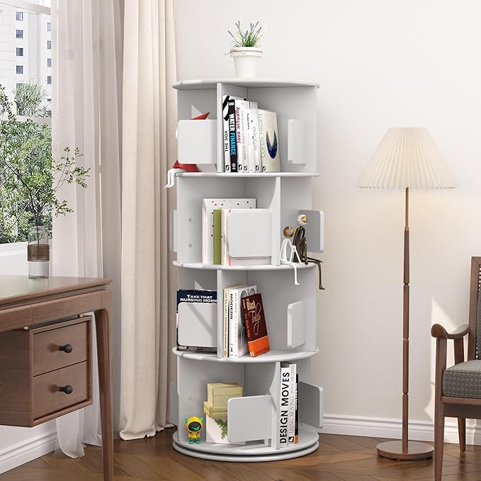 4-Tier Rotating Bookshelf Tower White, Wooden Spinning Bookshelves 360° Rotation Display, Revolving Bookcase Storage Round Carousel, Corner Free Standing Shelf for Kids Book and Toy Storage.