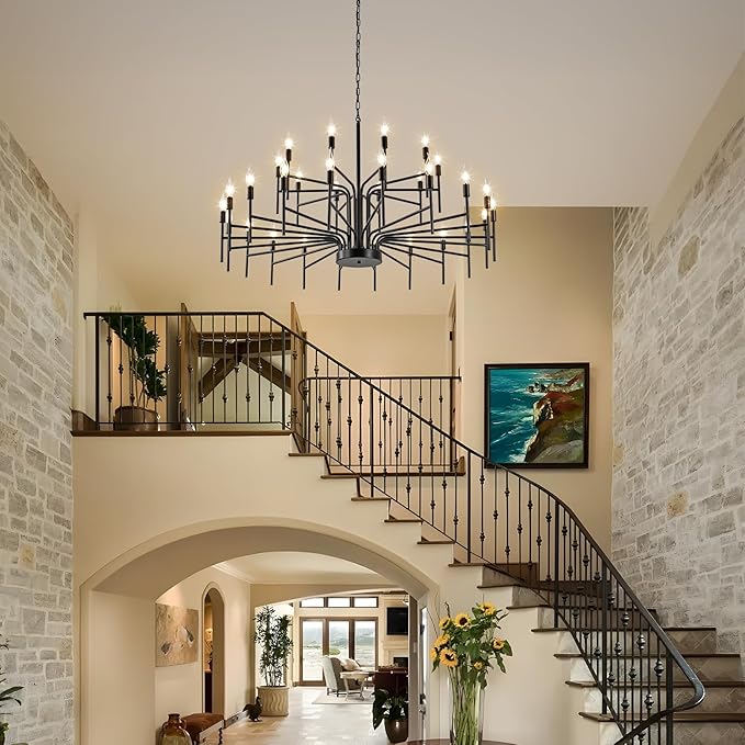 Black Chandelier 30 Light Large Modern Farmhouse Chandeliers for Dining Room Lights Fixture, 47" Round Candle Large Chandeliers for High Ceilings Living Room Foyer Entryway 2 Tier