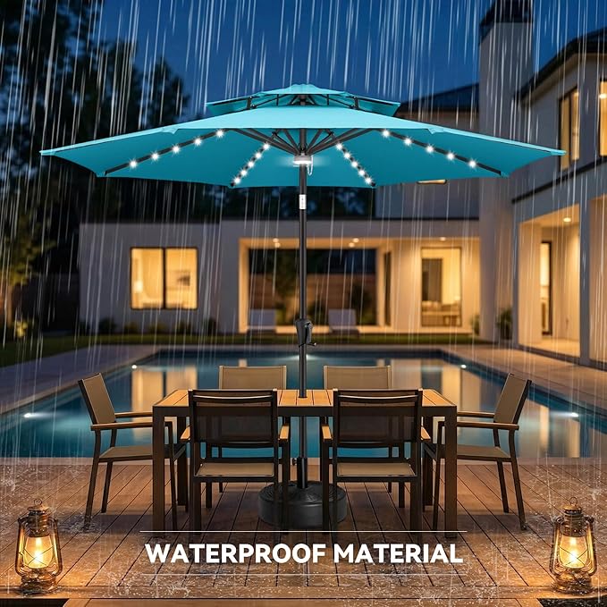 9FT Solar Umbrella Outdoor - 2 Tiers Lighted Solar Patio Umbrella with 40 LED Lights Waterprool UV Protection, Table Umbrella with Tilt for Pool, Porch, Garden, Backyard (Aqua Blue)