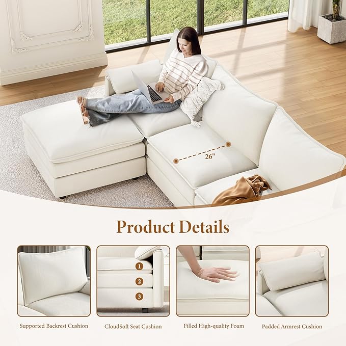 Vesgantti 101" V-Shaped Corner Couch Sectional, 7 Seat Customizable Modular Cloud Couches with Movable Ottoman, Chenille Deep Seat Sofa Set with Chaise for Living Room, Bedroom and Apartment, White | Sink-in Comfort, Height Adjustable, Easy Rearrangeme...