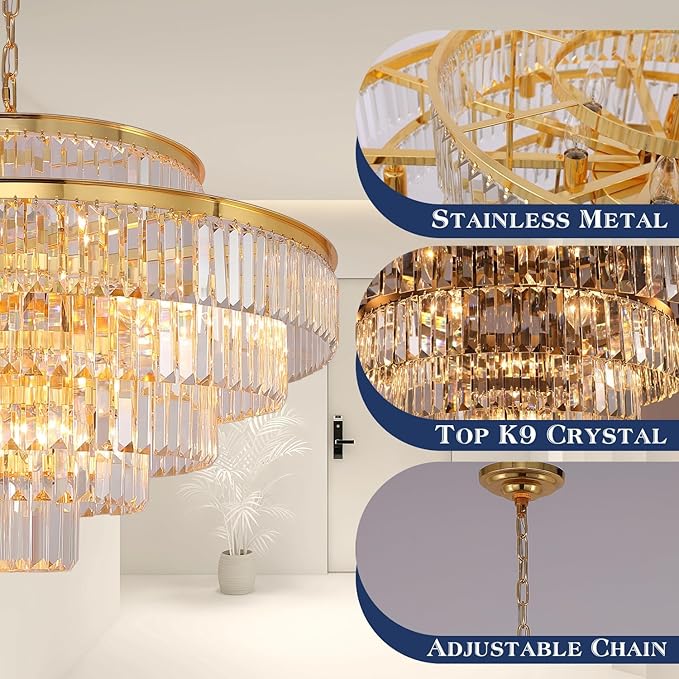 Gold Modern Crystal Chandeliers Large Chandelier 6-Tier Hanging Raindrop Pendant Light Fixture for Dining Room Bedroom Living Room Dia 31 Inch