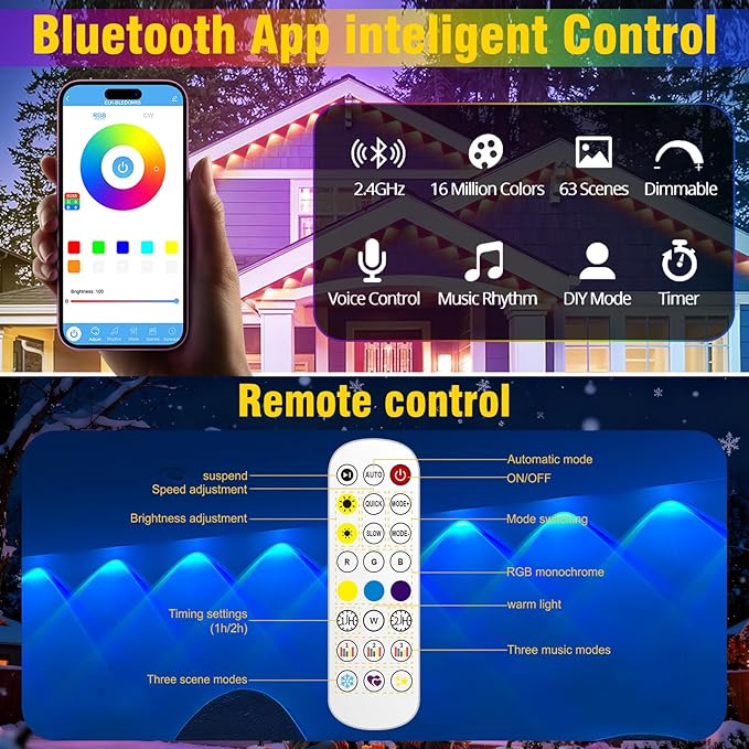 50ft Permanent Outdoor Lights for House, House Roof Lighting RGB+IC Smart Outdoor Decor 50 Scene Modes with App/Remote Control, IP67 Waterproof Pool Party Decor Led Lights for Christmas Party