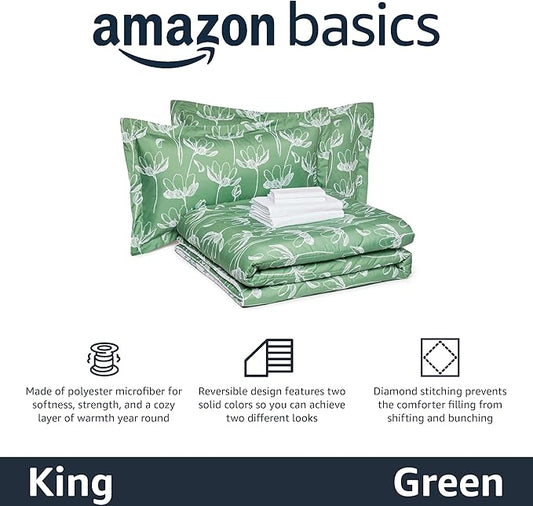 Amazon Basics 7-Piece Lightweight Microfiber Comforter Set, King, Green Floral