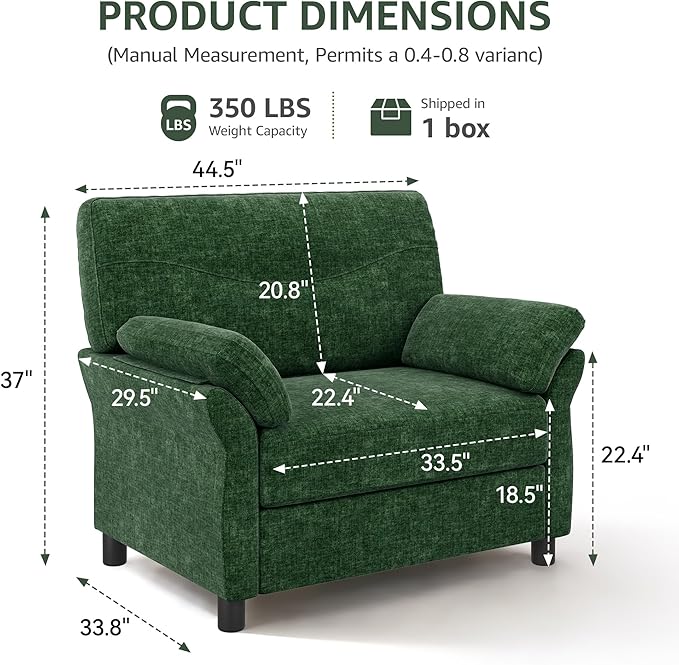 Oversized Accent Chair, 44.5 Inch Green Chenille Fabric Armchair, Comfy Single Sofa Chair with Padded Arms & Pocket Spring Cushion, Modern Reading Chair for Living Room, Bedroom