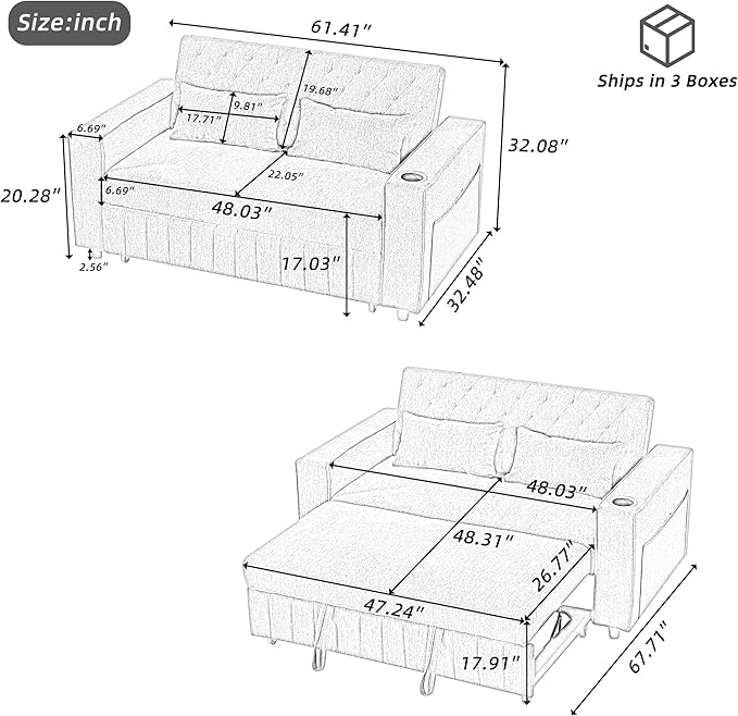 Merax 3 in 1 Convertible Sleeper Sofa Bed with Storage, Futon Couches for Living Room with USB Ports | CupHolder| Reversible Backrest | Pull Out Couch |Small Loveseat,Blue