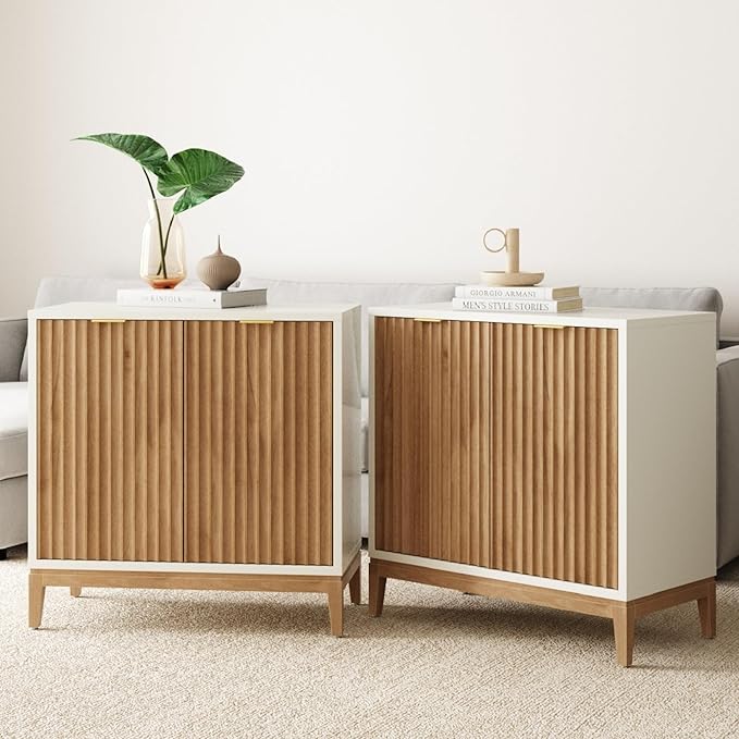 Nathan James Jasper Modern Sideboard, TV Stand with Fluted Doors, Accent Storage for Kitchen or Living Room, White/Warm Pine, Set of 2