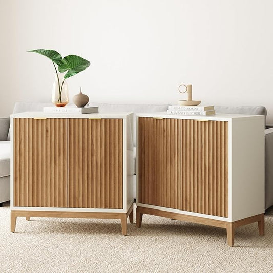 Nathan James Jasper Modern Sideboard, TV Stand with Fluted Doors, Accent Storage for Kitchen or Living Room, White/Warm Pine, Set of 2