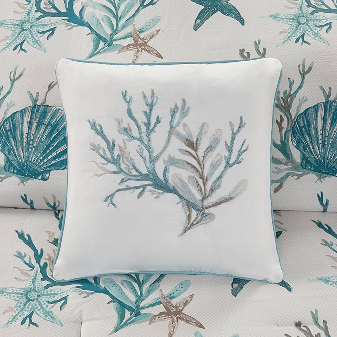 Madison Park Pebble Beach 100% Cotton Comforter Set - Coastal Coral, Starfish Design All Season Down Alternative Cozy Bedding with Matching Shams, Decorative Pillow, Queen(90"x90") Aqua 7 Piece