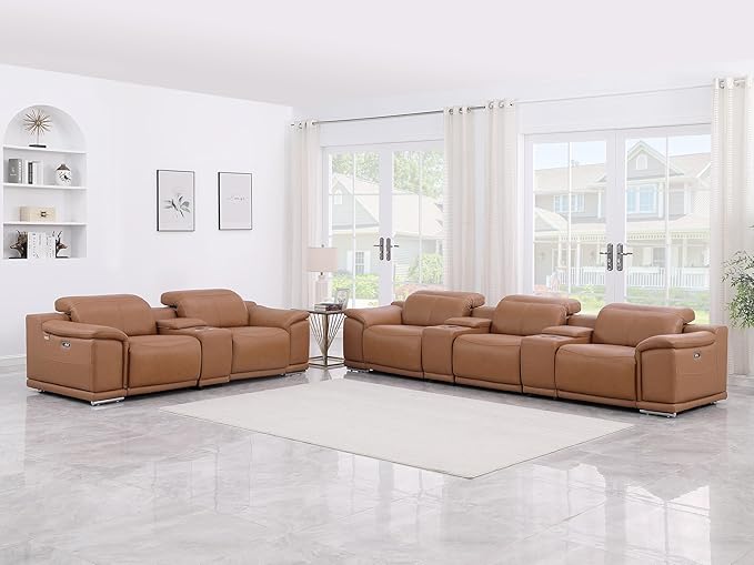 Blackjack Furniture Venice Top Grain Italian Leather Power Recline 8 Piece 5 Seater Sofa - 134" Theater Seating Modern Couch for Living Room Apartment with Adjustable Headrests & USB Port, Cognac