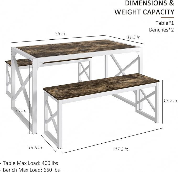 VECELO 55" Kitchen Dining Table Set for 4-6, Wood Dinette 2 Benches with Metal Frame for Dinner Breakfast Nook and Small Space, Dark Brown