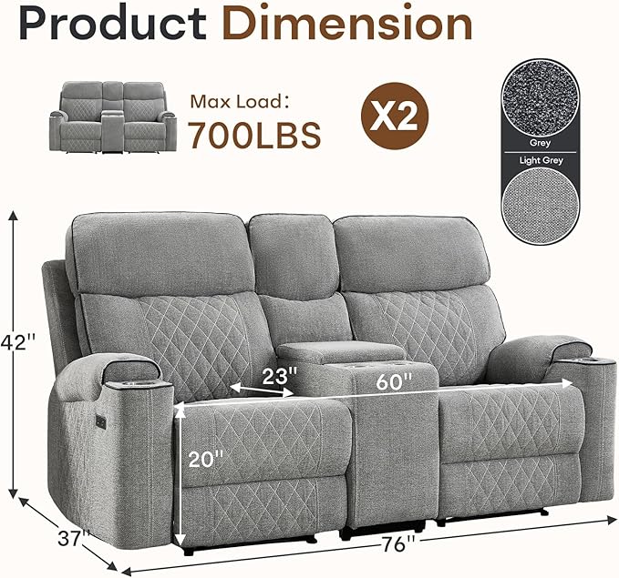 HAOMARKETS Power Reclining Loveseat Sofa Set of 2 with USB & Type-C Charging Port, Breathable Fabric 2-Seater Electric Recliner Couch with Cup Holders & Storage Console for Living Room, Light Grey