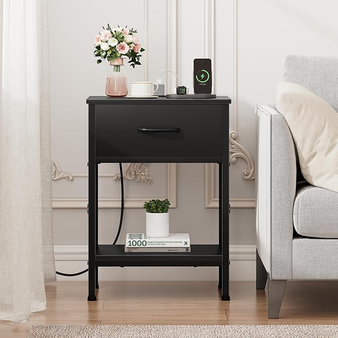 Vagusicc Black Nightstand with Charging Station, End Table with Fabric Drawer, Small Side Table with 2-Tier Storage Shelves, 25.4" Tall Bedside Table, Black Night Stand for Bedroom, Living Room, Dorm