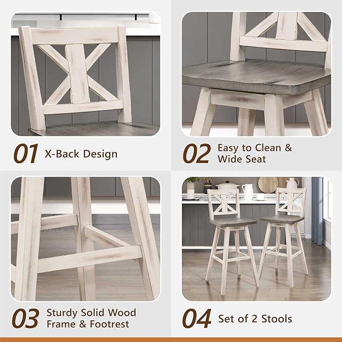 Lexicon Bar Height Bar Stools Set of 2-Solid Wood Frame 360° Swivel Wooden Stools, Foot Rest, X Back, Wide Seat, Distressed Farmhouse Easy to Clean Finish, 28.5" SH, Antique White/Grey