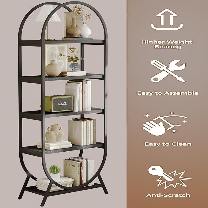 Arched Bookshelf,5-Tier Tall Wide Open Bookshelf,Modern Brown Storage Bookshelves, Freestanding Display Rack Shelving Unit for Office, Bedroom, Living Room, Easy Assembly, Black