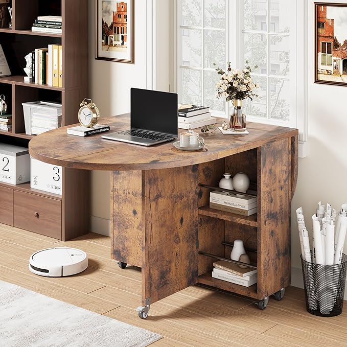 Round Folding Dining Table for 6, Space Saving Drop Leaf Kitchen Table with Storage Drawer, 6 Wheels Oval Gateleg Foldable Dining Table for Small Spaces (Vintage, 51" x 31.5" x 30")