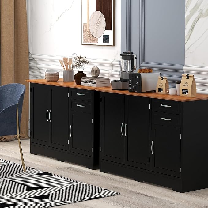 COSTWAY Buffet Cabinet with Storage, Farmhouse Sideboard Storage Cabinet with 3 Doors, 2 Drawers & Adjustable Shelf, Console Table, Coffee Bar Credenza Cabinet for Kitchen Cupboard Dining Room (Black)