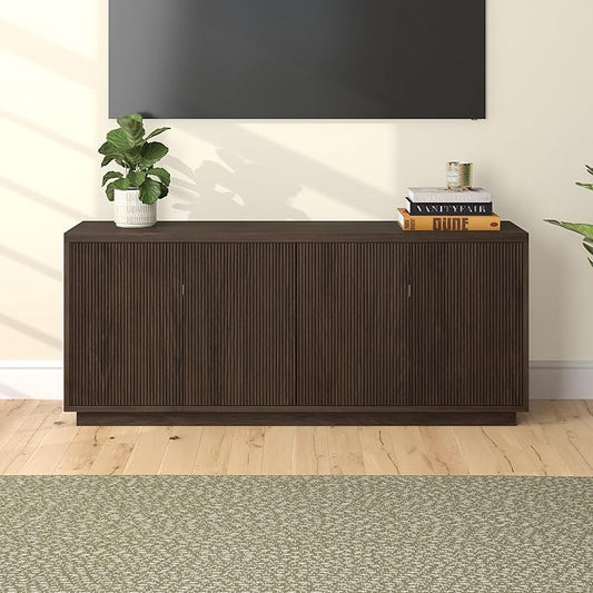 Henn&Hart Fluted TV Stand for TVs up to 65" with 2 Concealed Ribbed Storage Cabinets and Adjustable Shelves for Living Room, Family Room, or Office, Warm Brown
