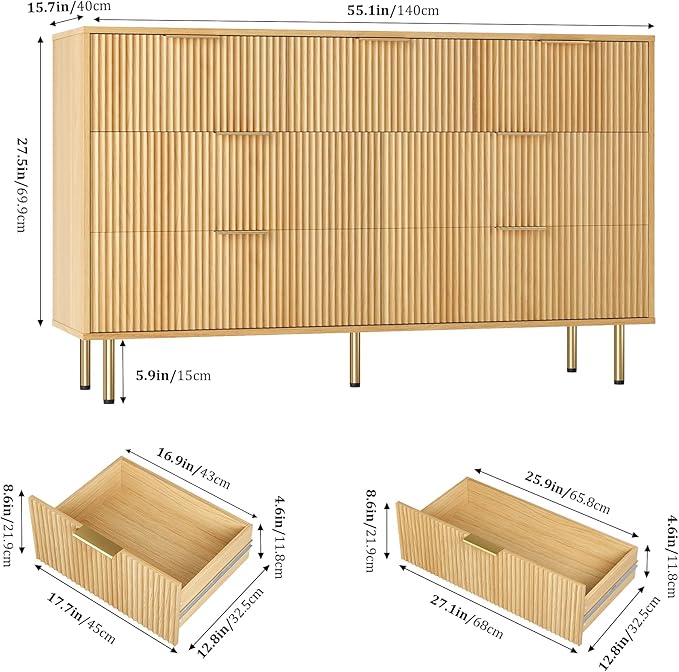 GAOMON 7 Drawer Dresser for Bedroom Chest of Drawers, 55" Wide Fluted Dresser with Drawers, Modern Wooden Double Dressers with Metal Handles for Living Room, Hallway