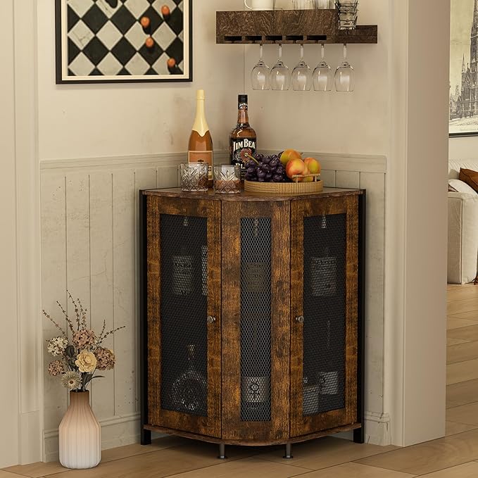 JKsmart Corner Storage Cabinet with Open Shelf, 3-Tier Industrial Wine Bar Shelf with Door, Industrial Corner Cabinet for Kitchen, Living Room, Dining Room, Rustic Brown
