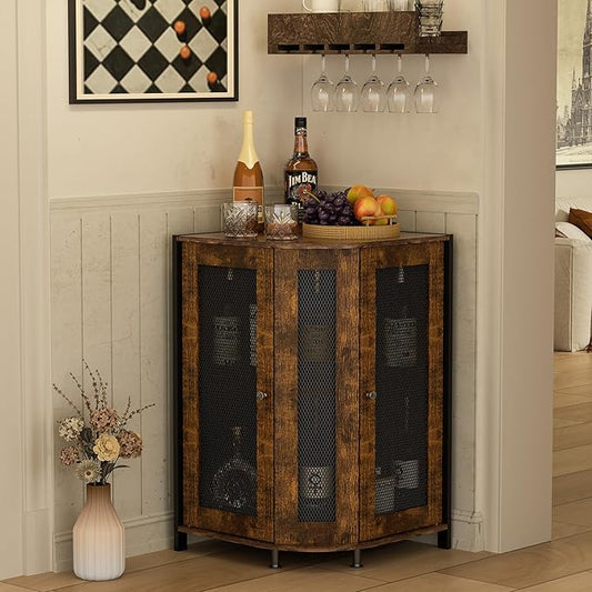 JKsmart Corner Storage Cabinet with Open Shelf, 3-Tier Industrial Wine Bar Shelf with Door, Industrial Corner Cabinet for Kitchen, Living Room, Dining Room, Rustic Brown