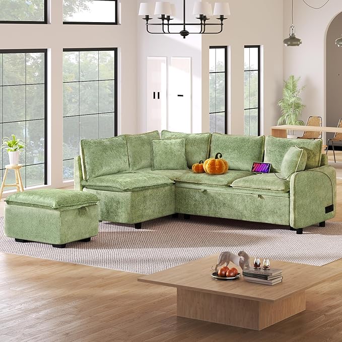 ERYE 82.5-Inch Left Facing Corner Sleeper Sectional Sofa Bed for Living Room Office,L-Shaped Chenille Upholstered Convertible Pull Out Sleeper Couch Bed W/Storage Ottoman | USB-C Ports