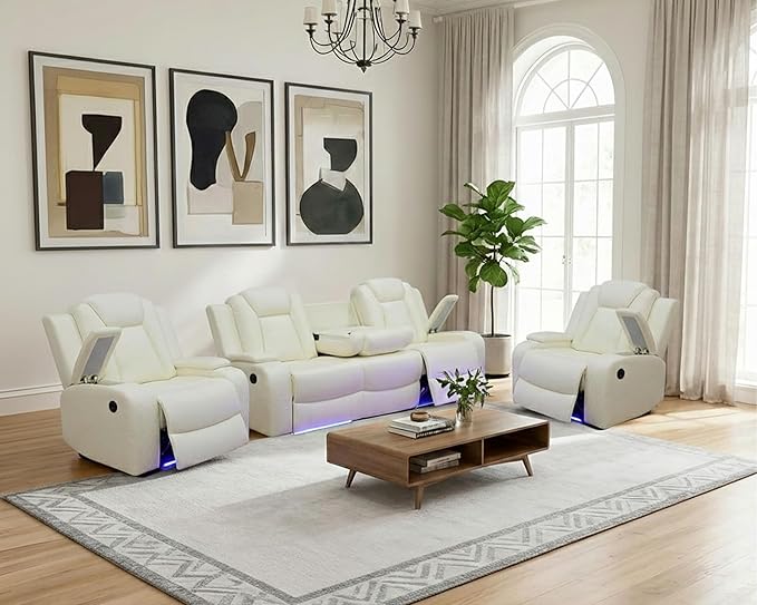 Power Recliner Sofa Set with LED, Breathing Leather Living Room Set 3 Piece, Reclining Couch and Two Chair with USB Port&Storage Console (Cream White)