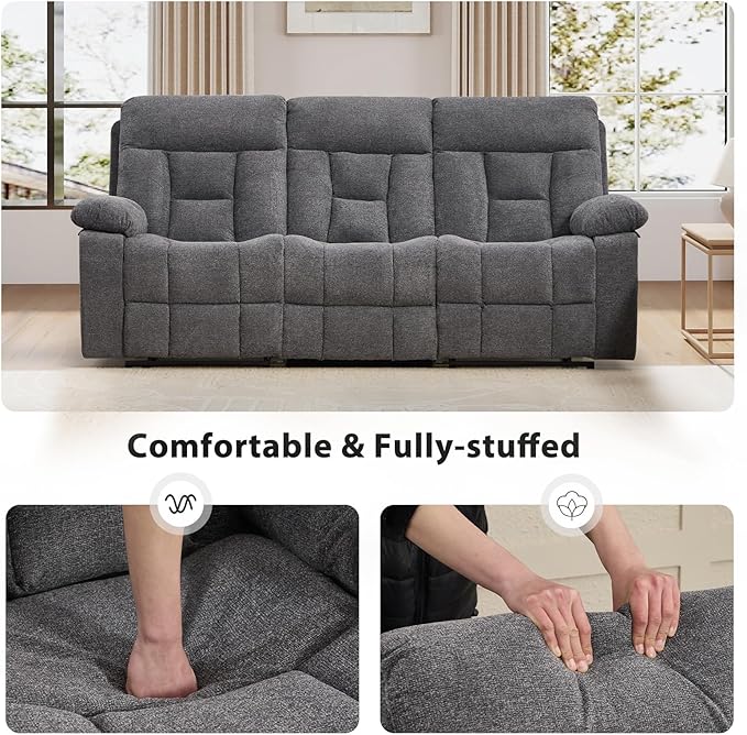 EBELLO Reclining Sofa for Living Room, Extra Wide Modern Overstuffed 3 Seat Recliner Manual Sofa with Hidden Armrest Cup Holders, Soft Breathable Fabric and Padded Seat, Light Grey
