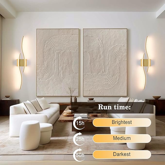 Battery Operated Wall Sconces Set of Two with Remote Control, Dimmable/3 Colors/Night-Light/Timer/Memory, Gold Modern Wireless LED Sconce for Living Room, Hallway, Bedroom, 27.5 Inch (2 Pack)
