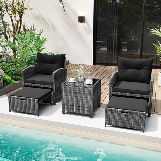 Tangkula 5 Pieces Patio Conversation Set, PE Wicker Rattan Outdoor Furniture Set with 2 Chairs, 2 Ottomans & Tempered Glass Coffee Table, Ideal for Poolside, Backyard, Lawn, Deck, Mix Grey & Black