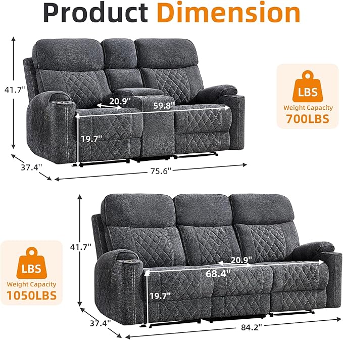 EBELLO Power Reclining Sofa Set, Fabric Electric Recliner Loveseat and 3 Seater Sofa Couch with Cup Holders, USB Type-C Charging Ports and Storage Space, 5 Seats for Small Living Room, Grey