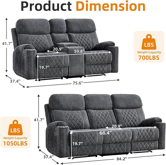 EBELLO Power Reclining Sofa Set, Fabric Electric Recliner Loveseat and 3 Seater Sofa Couch with Cup Holders, USB Type-C Charging Ports and Storage Space, 5 Seats for Small Living Room, Grey