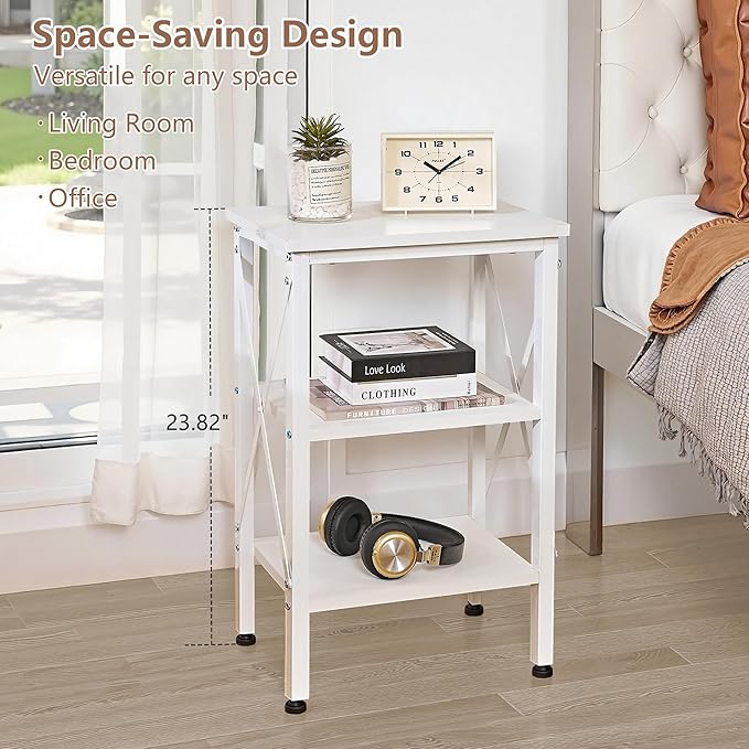 VECELO End Table, 24" Tall Wood Living Room X-Design Reinforced Side Tables, Nightstands with 3-Tier Wood Storage Shelves for Small Spaces, Office, Bathroom, Bedroom, Pearl White, 2 Pack