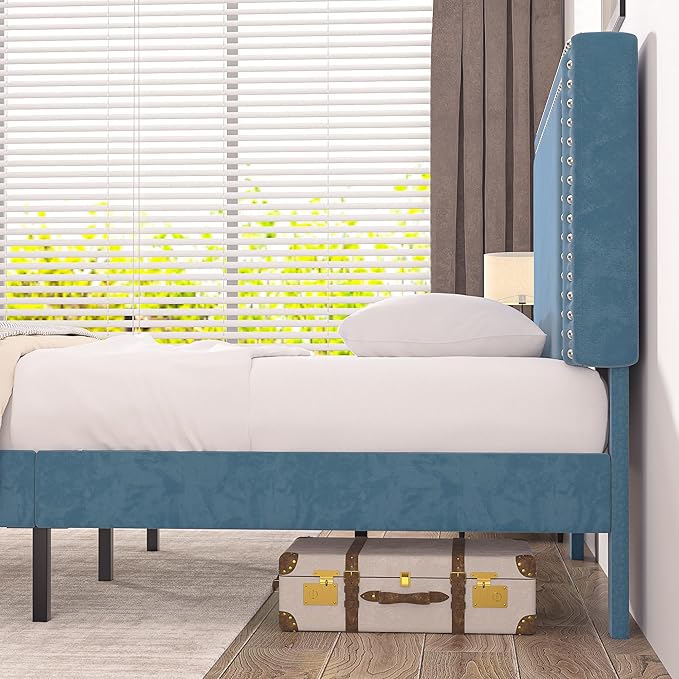 Twin Size Platform Bed Frame with Adjustable Upholstered Headboard, Modern Mattress Foundation, Strong Wood Slat Support, No Box Spring Needed, Easy Assembly
